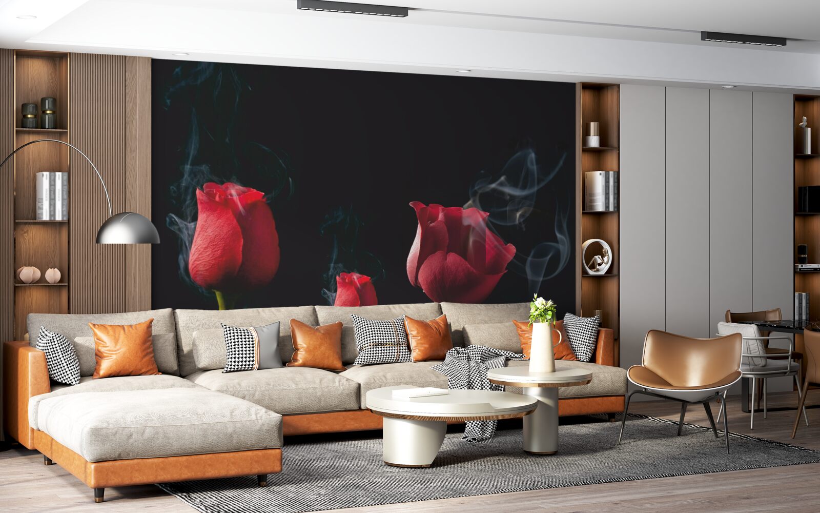 Fotobehang een rode roos bloeit in de rook