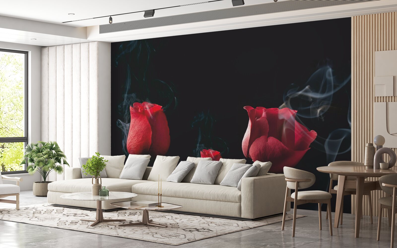 Fotobehang een rode roos bloeit in de rook