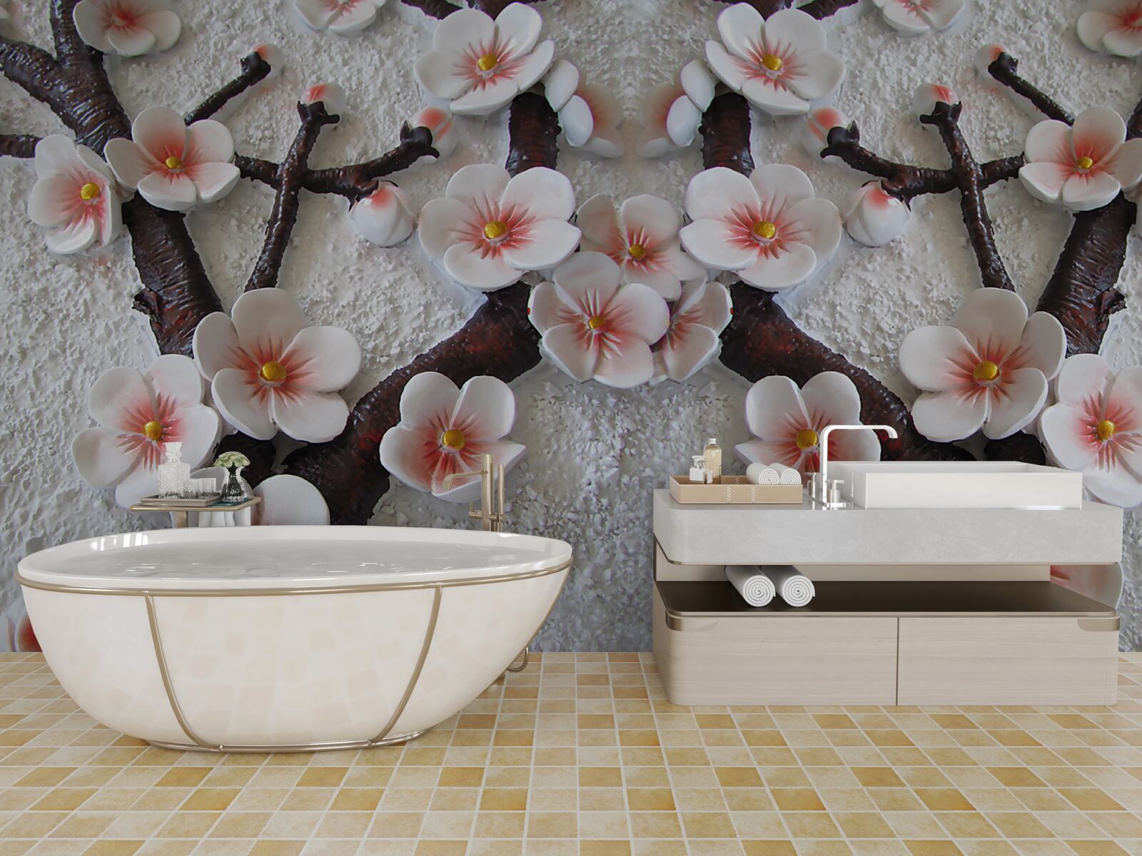 Fotobehang sakura bevochtigd door een bloeiende tak