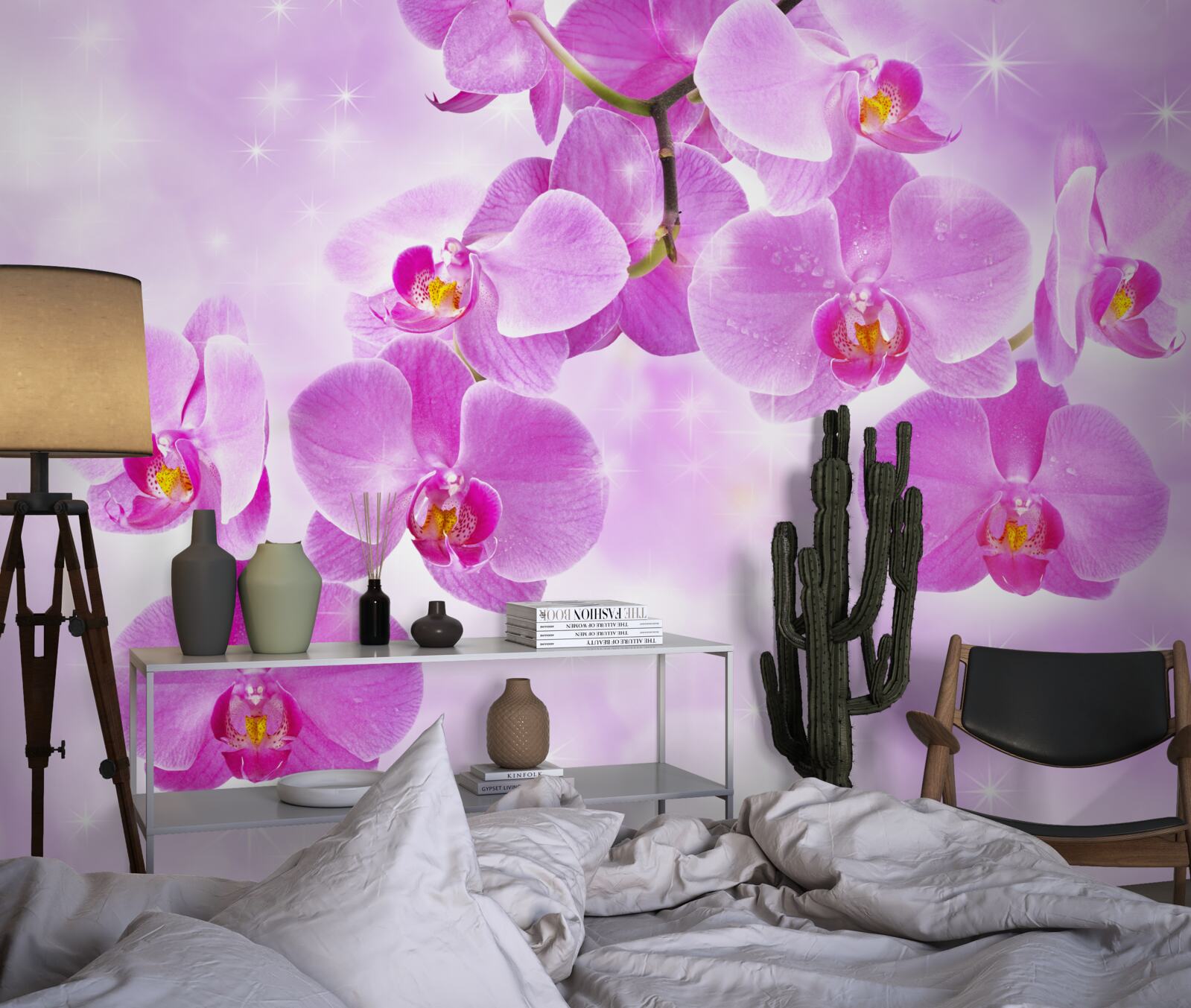 Fotobehang paarse orchideeën die naar beneden hangen
