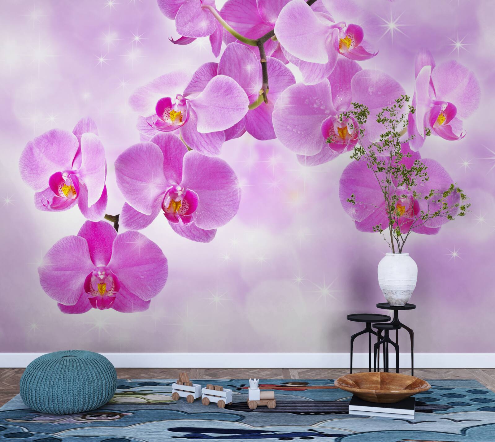 Fotobehang paarse orchideeën die naar beneden hangen