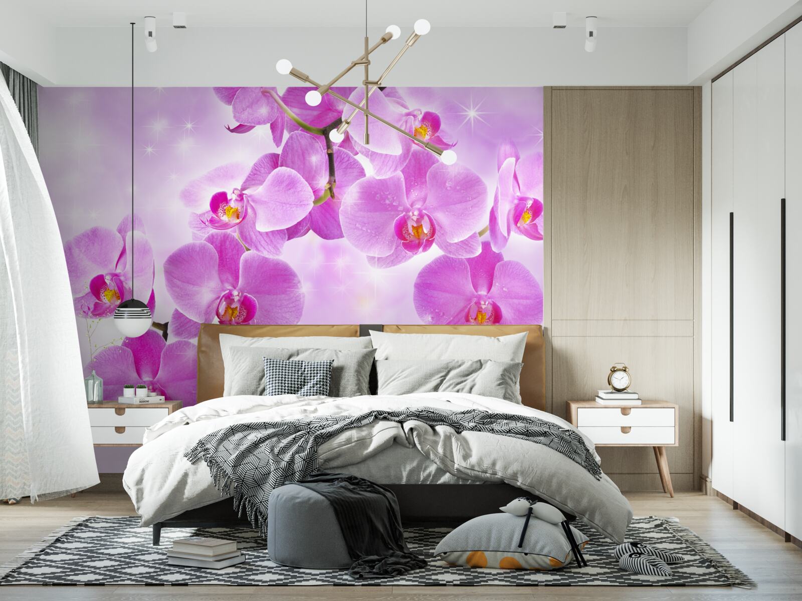 Fotobehang paarse orchideeën die naar beneden hangen