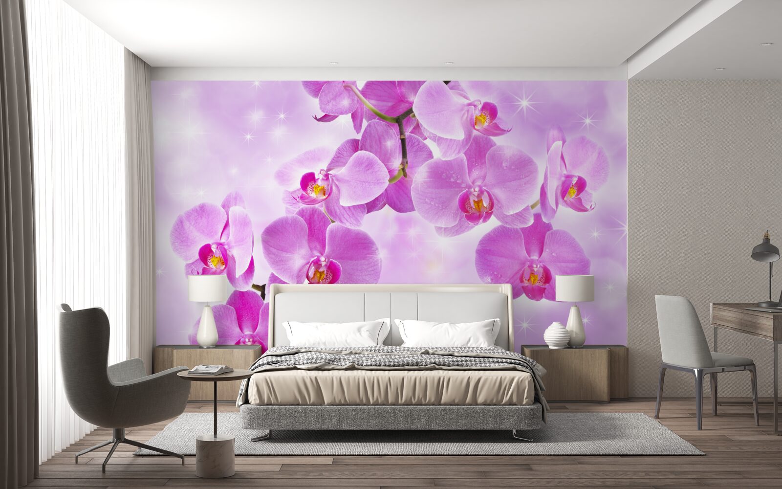 Fotobehang paarse orchideeën die naar beneden hangen