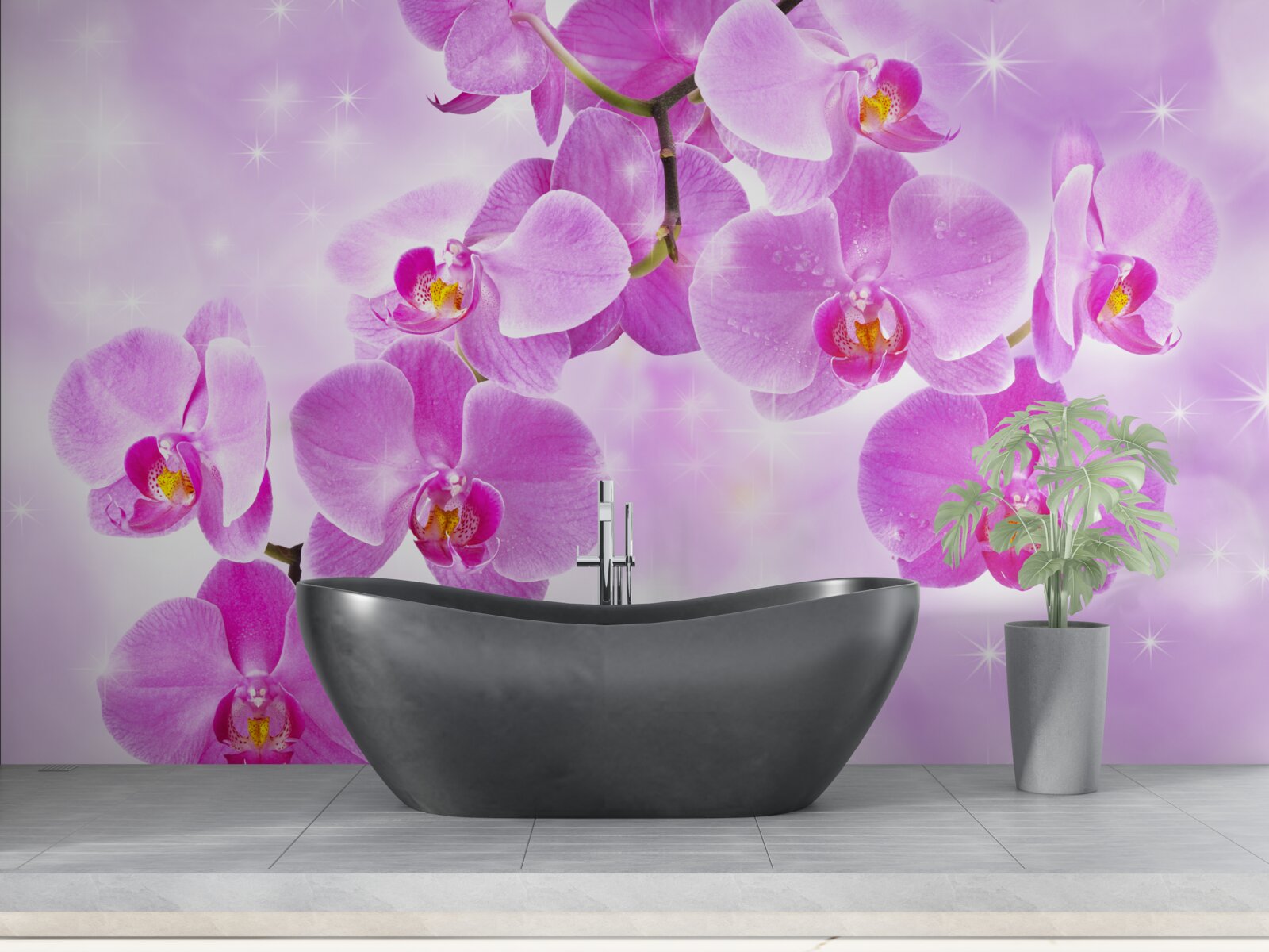 Fotobehang paarse orchideeën die naar beneden hangen