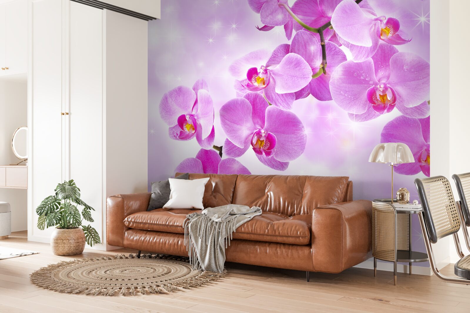 Fotobehang paarse orchideeën die naar beneden hangen