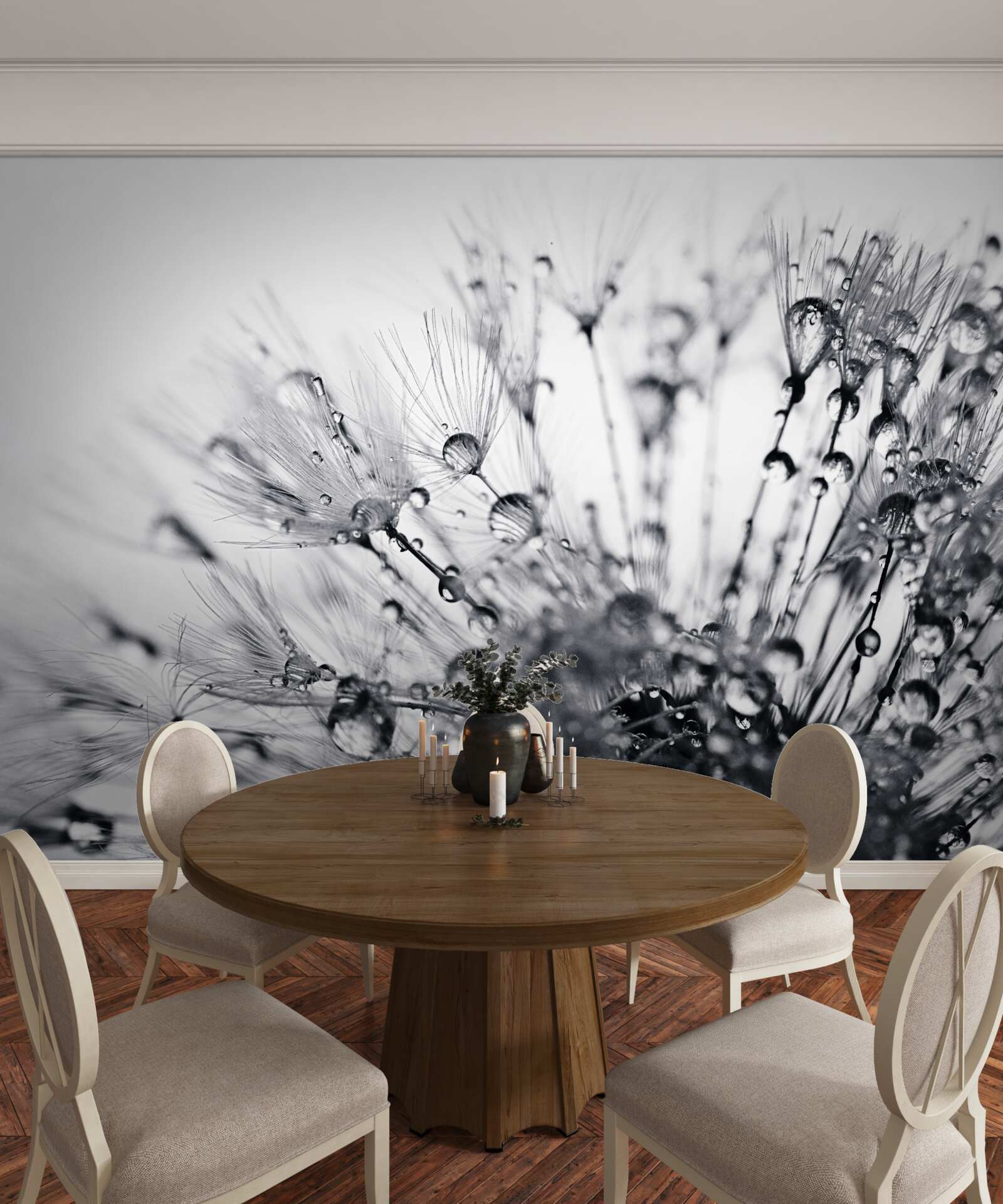 Fotobehang dauwdruppels op paardenbloemen