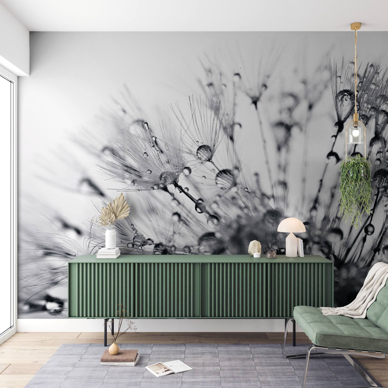 Fotobehang dauwdruppels op paardenbloemen