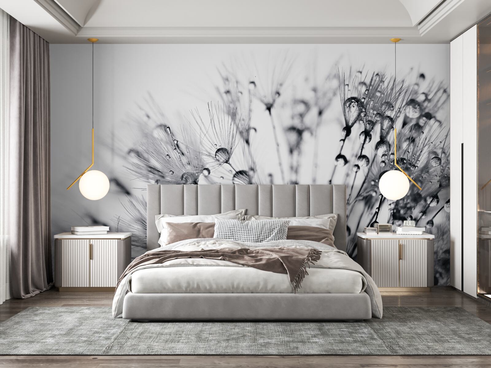 Fotobehang dauwdruppels op paardenbloemen