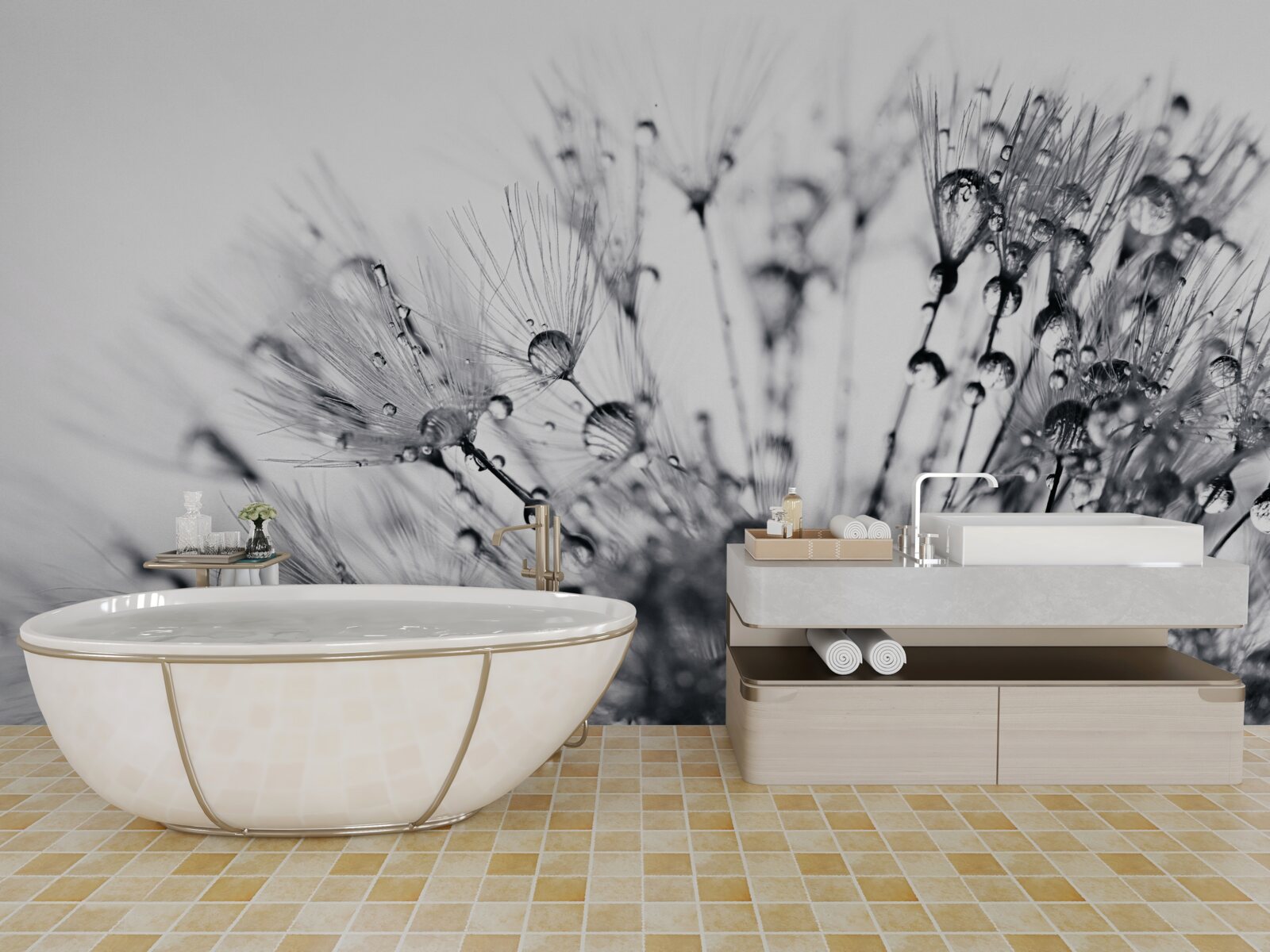 Fotobehang dauwdruppels op paardenbloemen