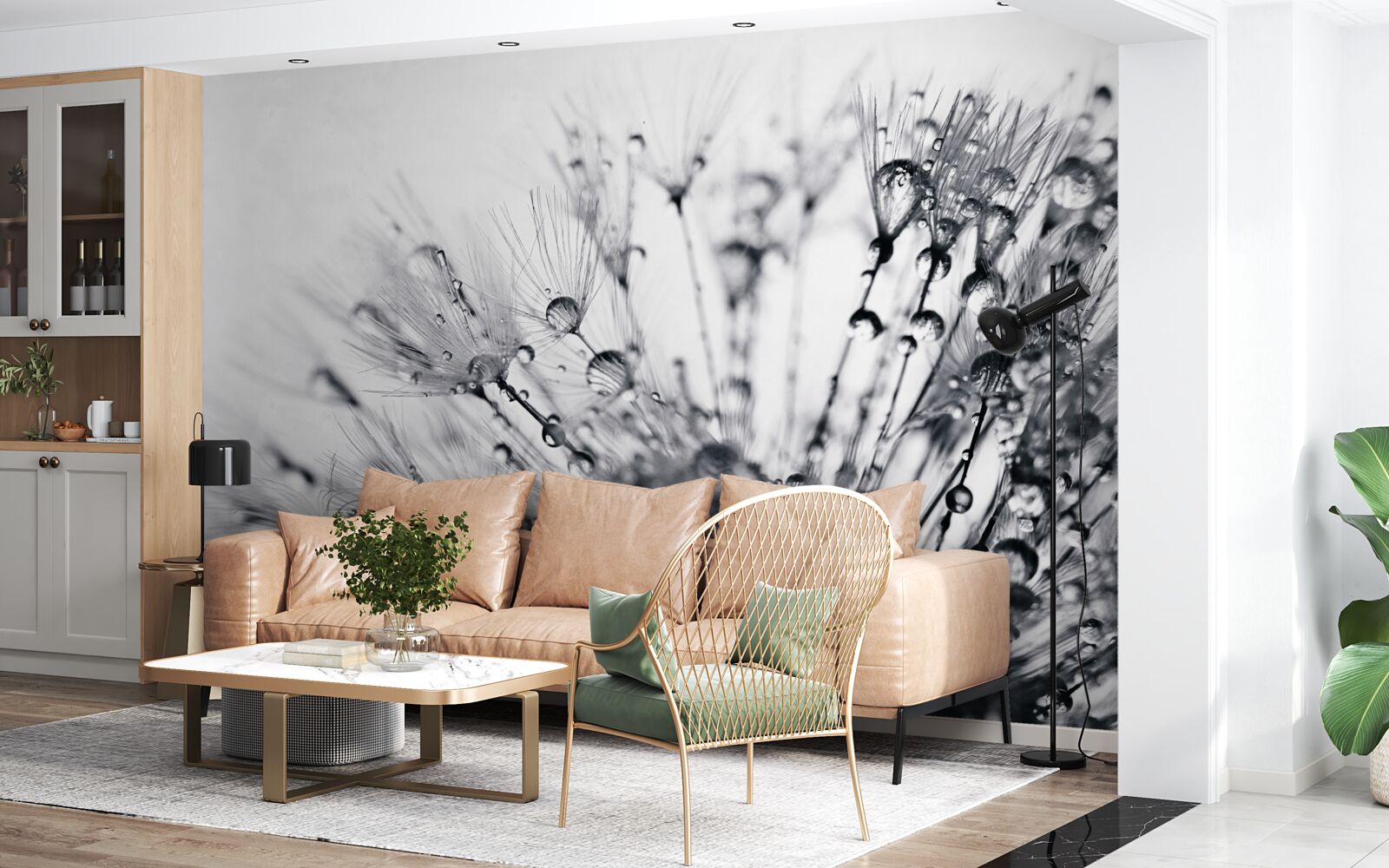 Fotobehang dauwdruppels op paardenbloemen