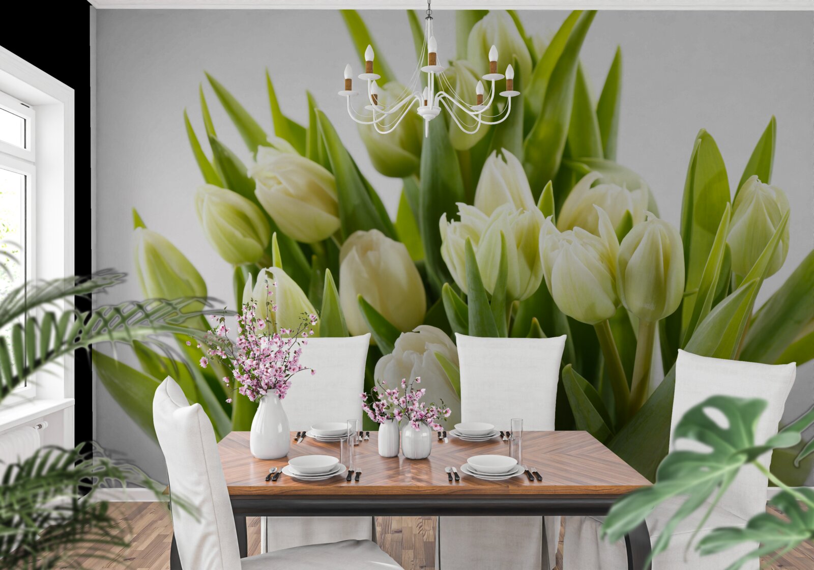 Fotobehang set sneeuwwitte tulpen