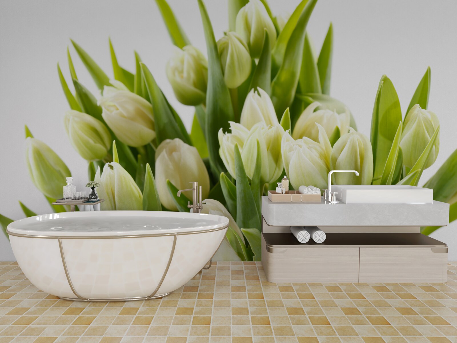 Fotobehang set sneeuwwitte tulpen