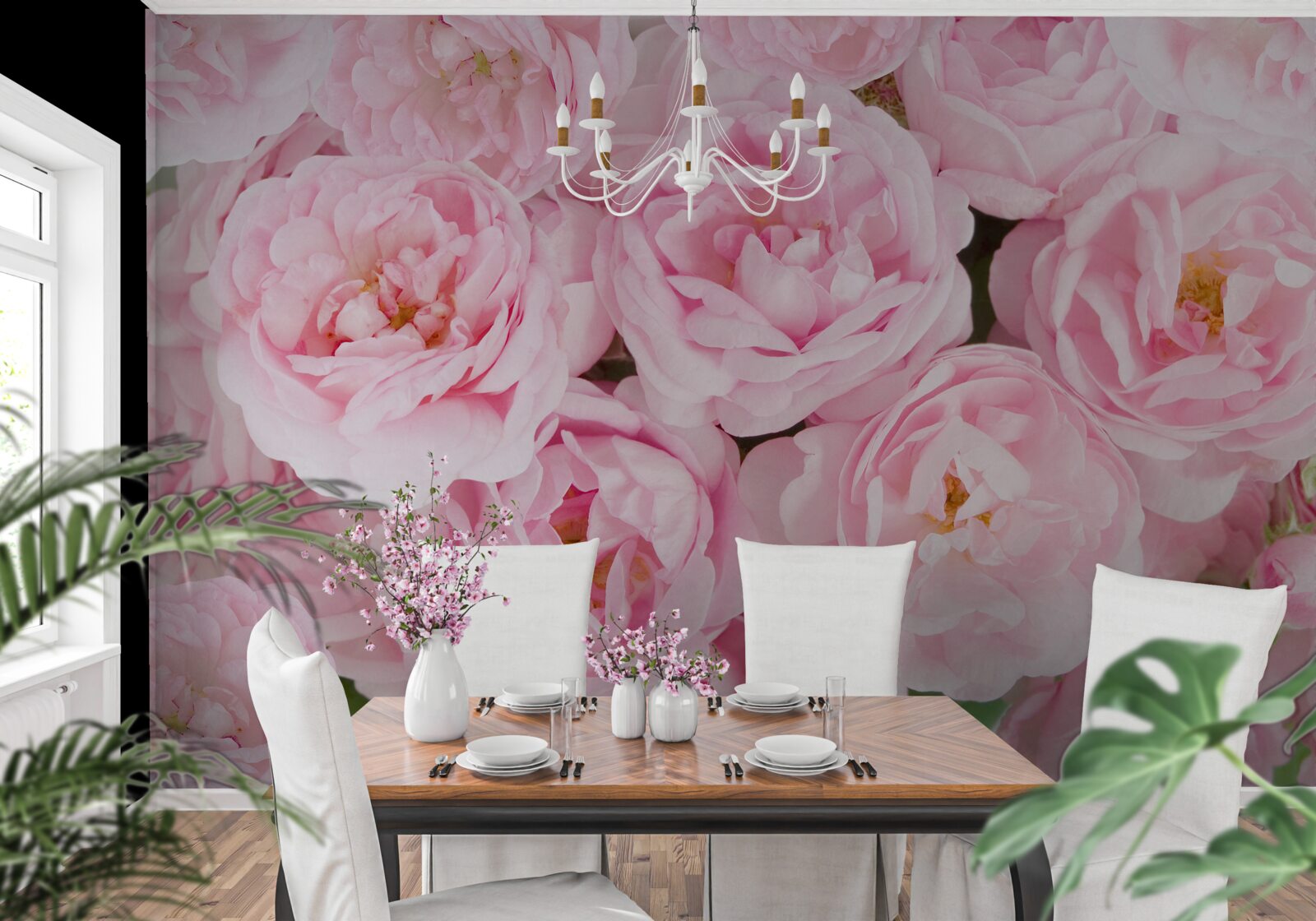 Fotobehang roze rozen verzameld in een theelichtboeket