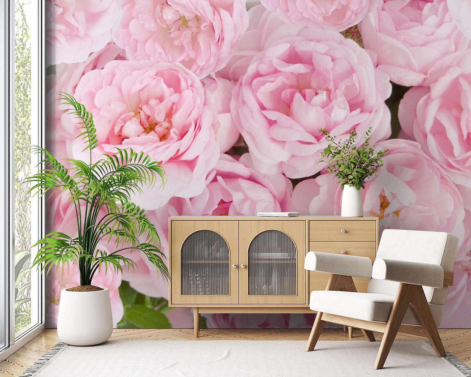 Fotobehang roze rozen verzameld in een theelichtboeket