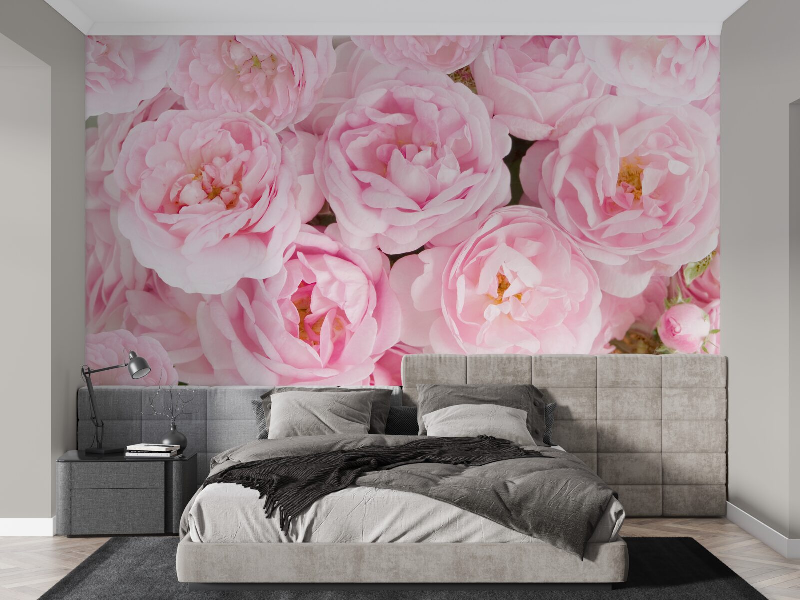 Fotobehang roze rozen verzameld in een theelichtboeket