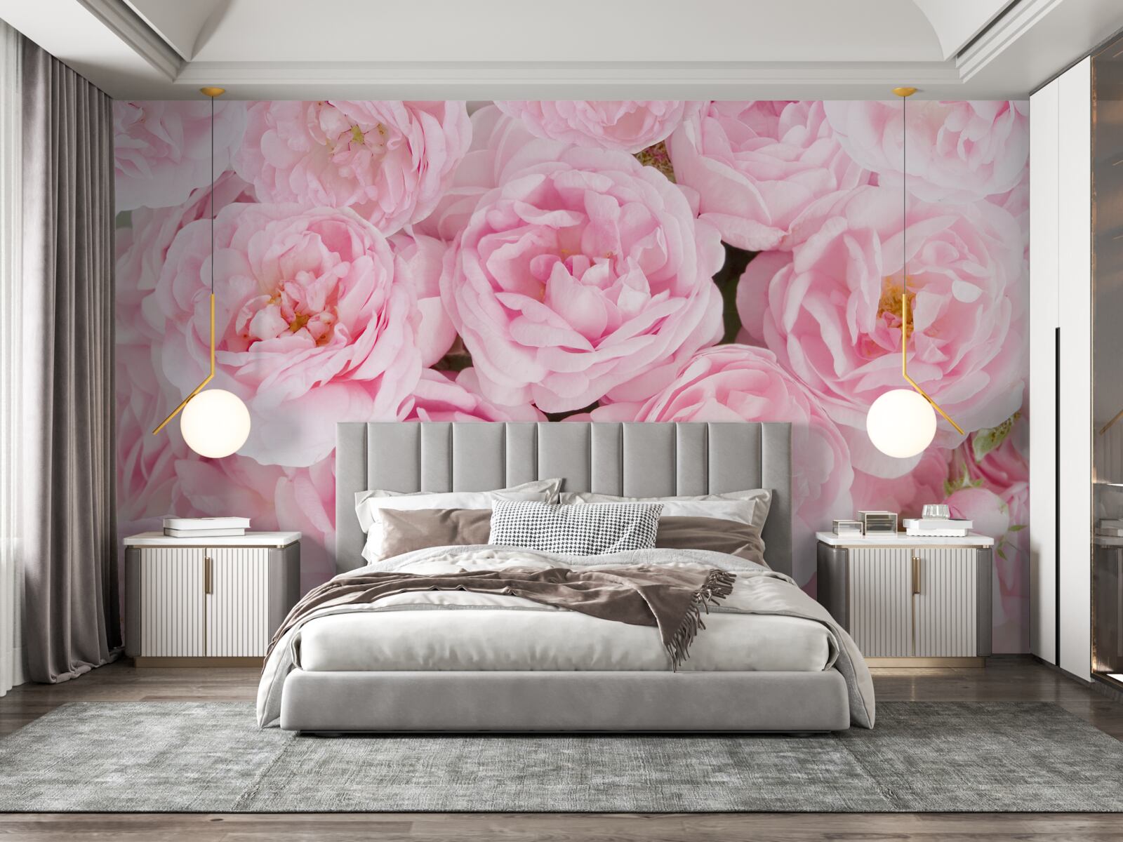 Fotobehang roze rozen verzameld in een theelichtboeket