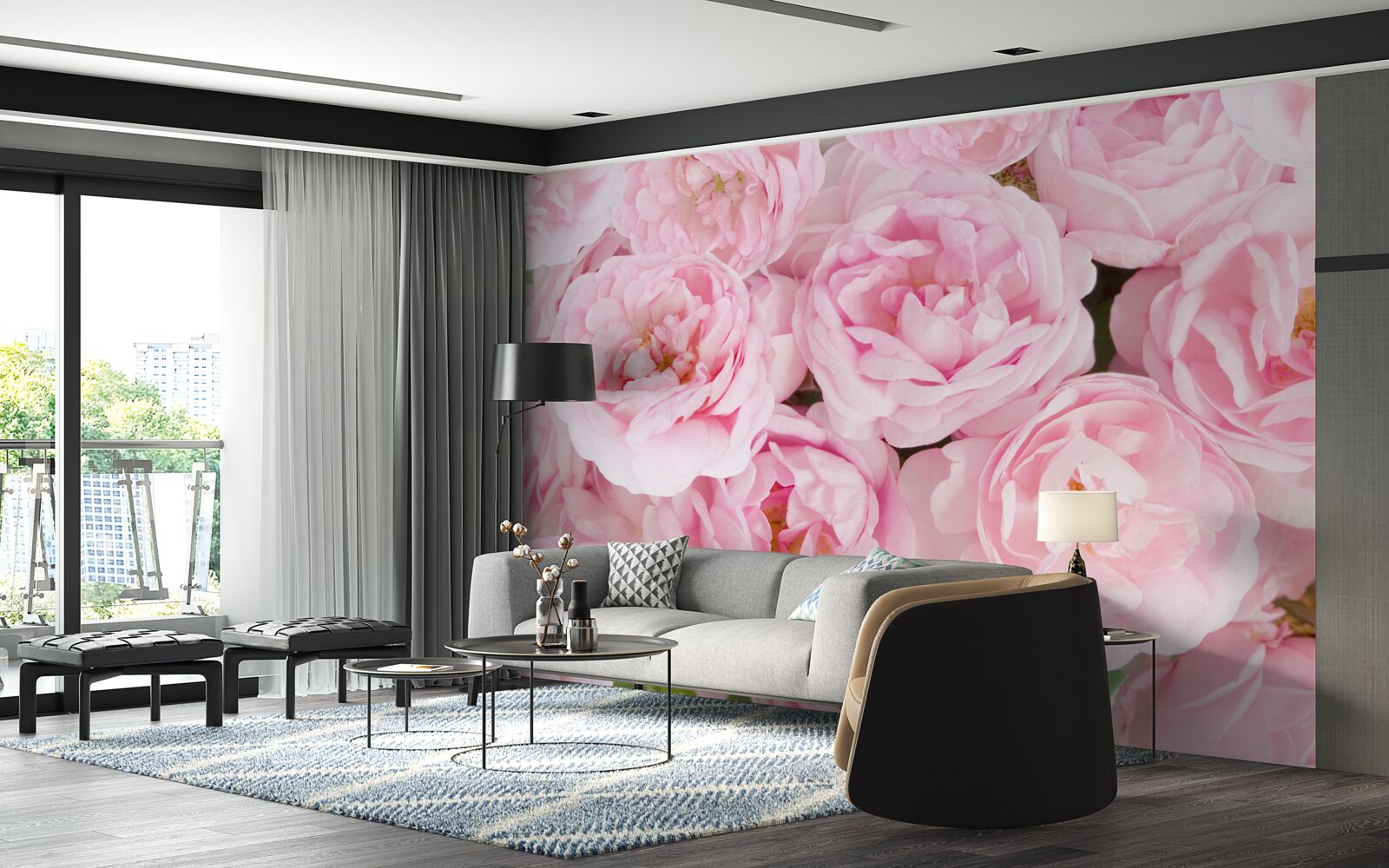 Fotobehang roze rozen verzameld in een theelichtboeket