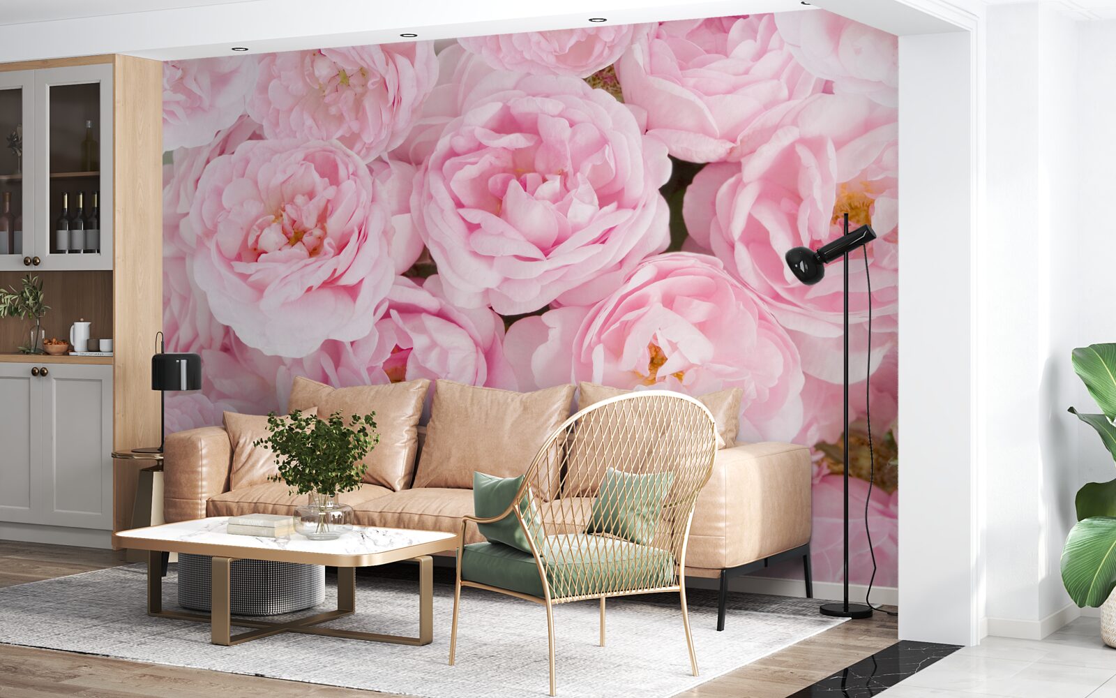 Fotobehang roze rozen verzameld in een theelichtboeket