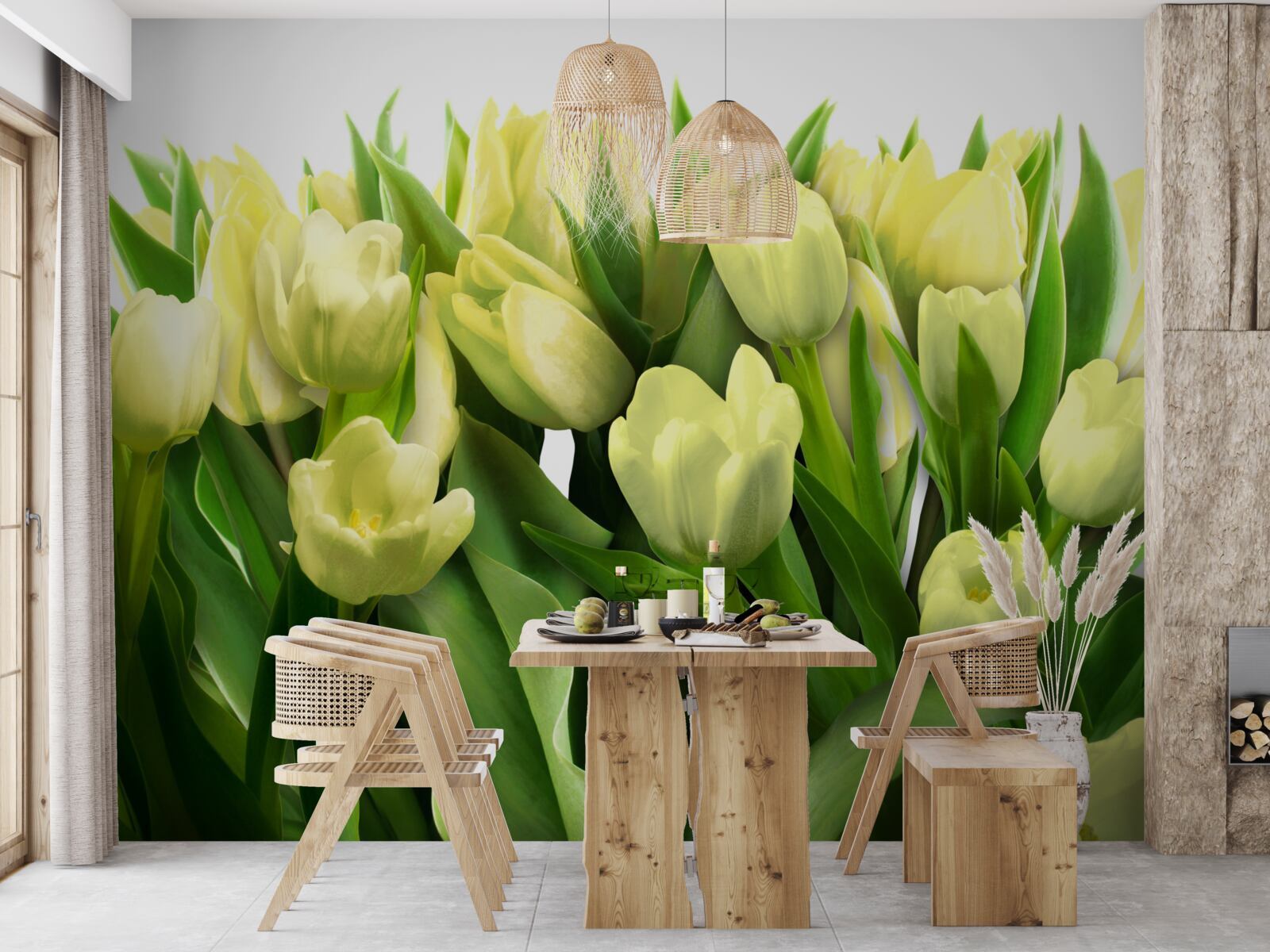 Fotobehang Gele tulpen met groene bladeren