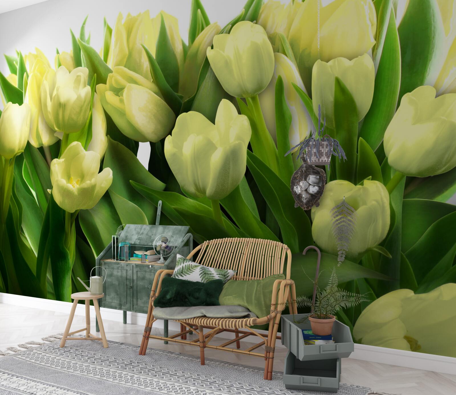 Fotobehang Gele tulpen met groene bladeren