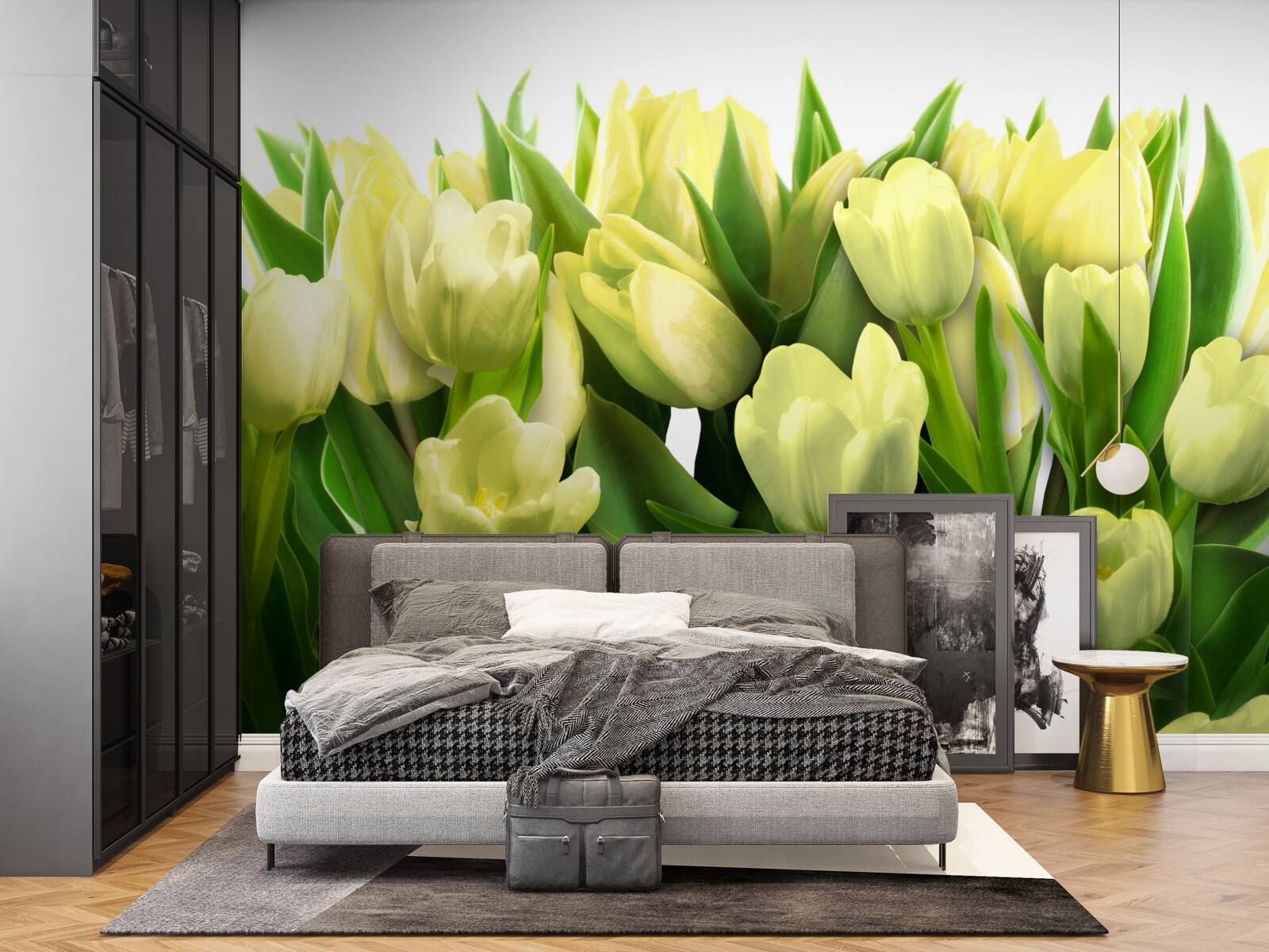 Fotobehang Gele tulpen met groene bladeren