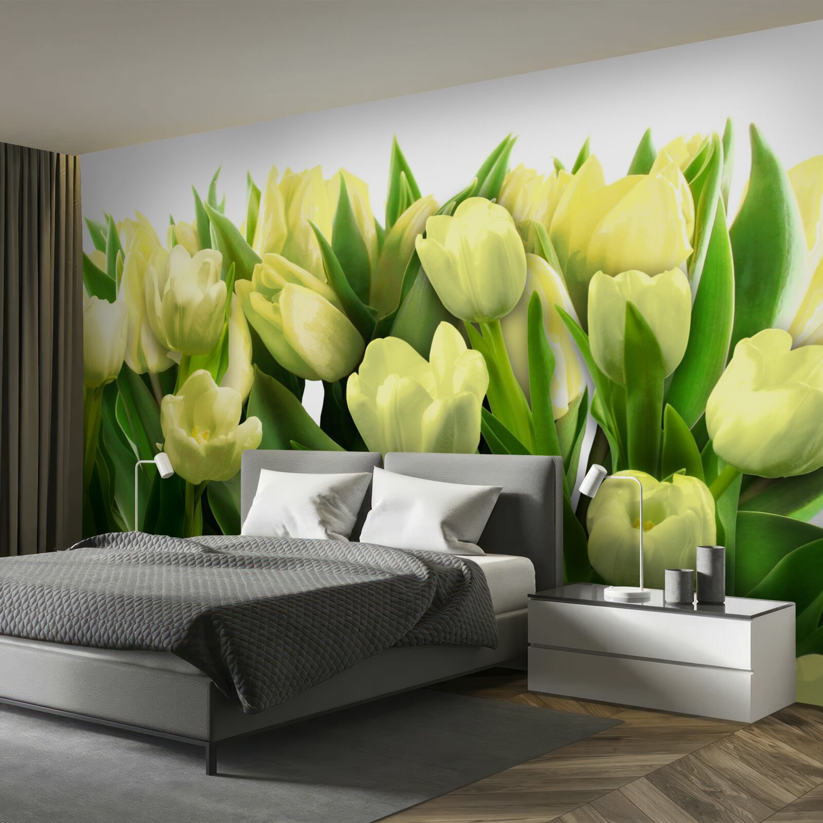 Fotobehang Gele tulpen met groene bladeren