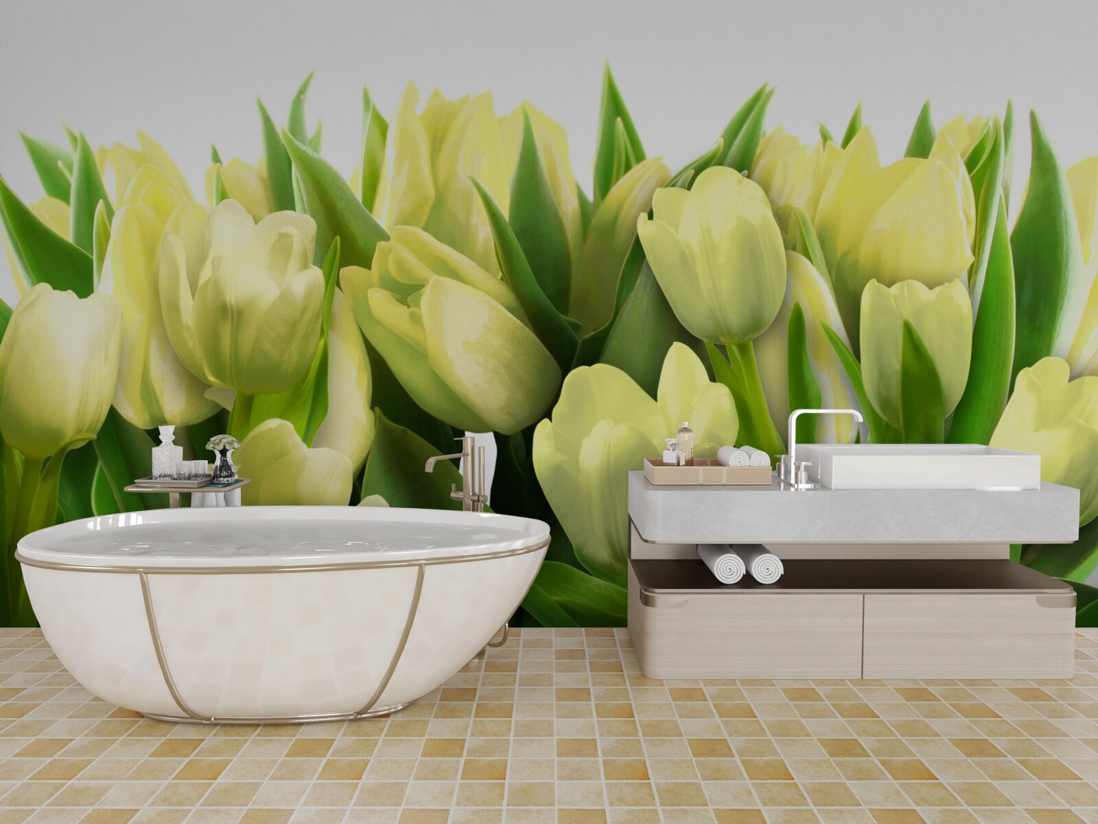 Fotobehang Gele tulpen met groene bladeren