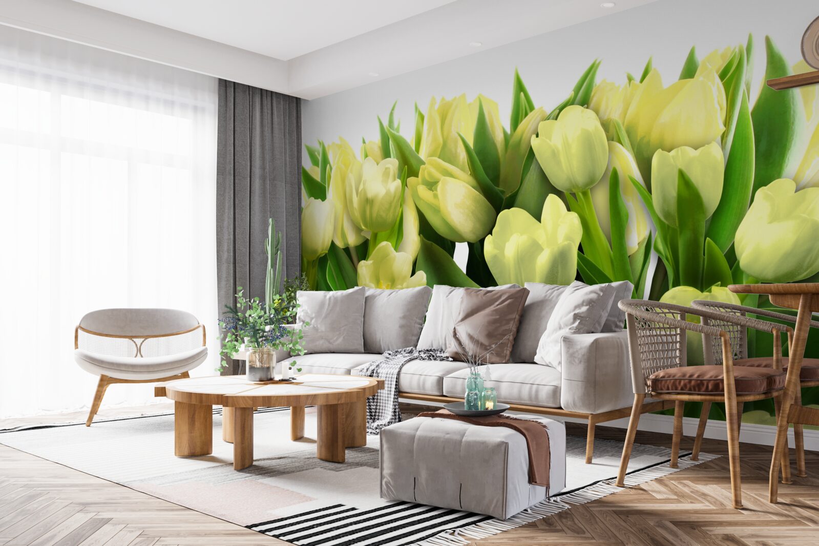Fotobehang Gele tulpen met groene bladeren
