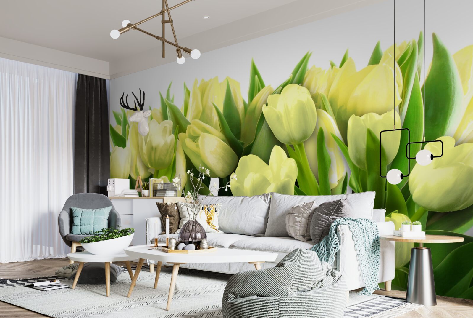 Fotobehang Gele tulpen met groene bladeren