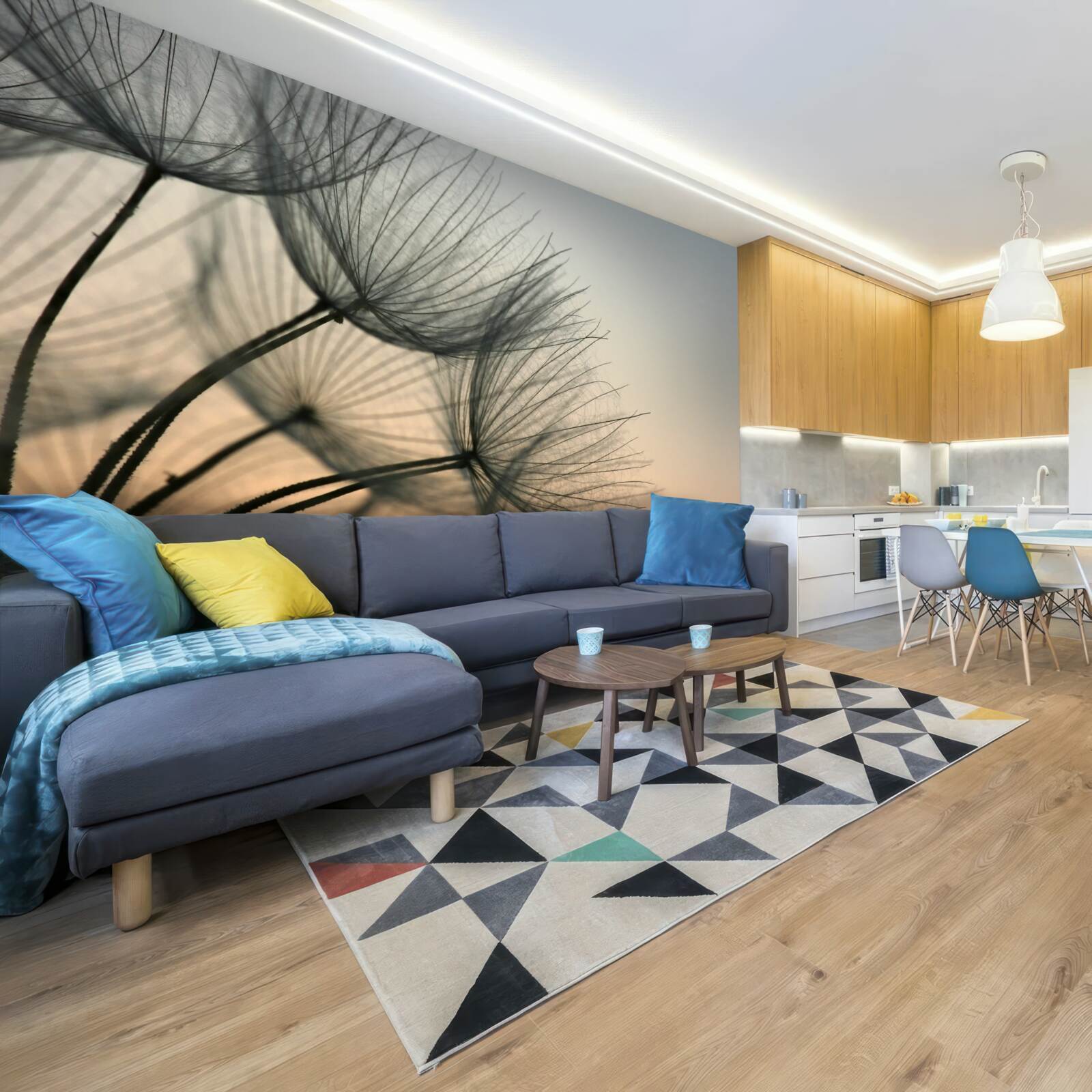 Fotobehang zonsondergang boven paardenbloemen