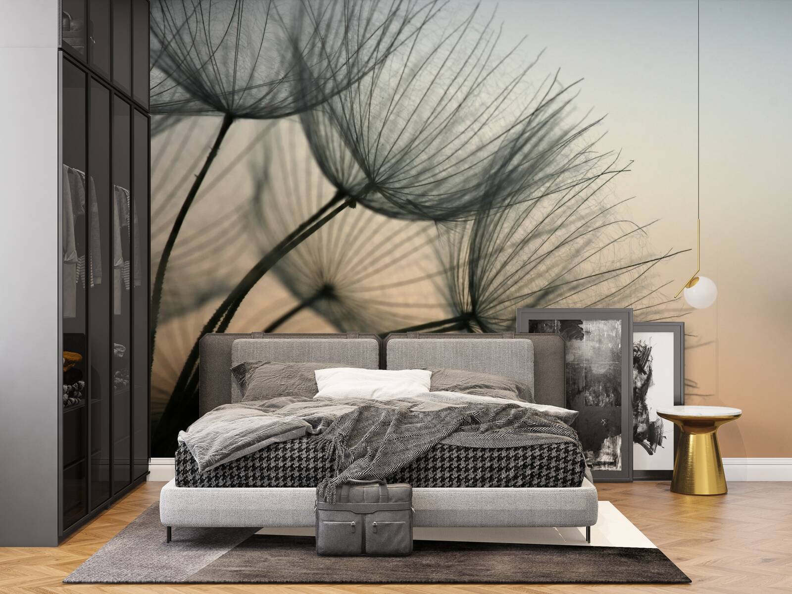 Fotobehang zonsondergang boven paardenbloemen