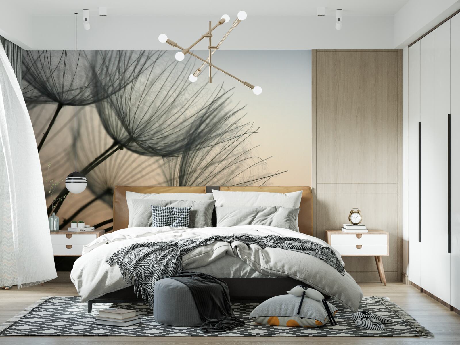 Fotobehang zonsondergang boven paardenbloemen