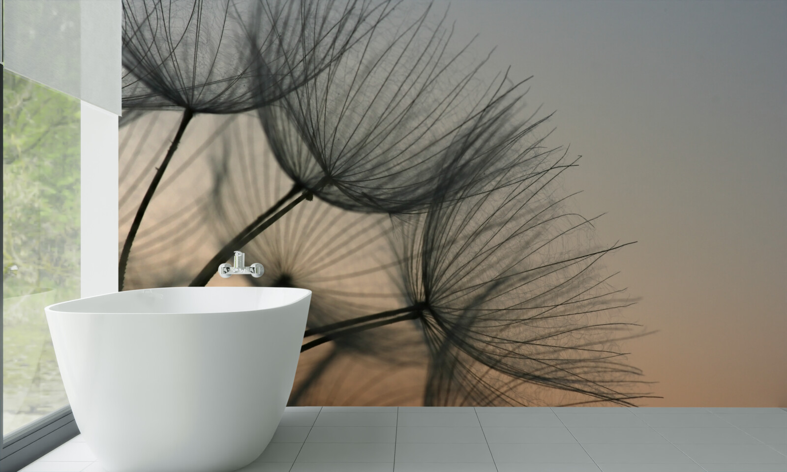 Fotobehang zonsondergang boven paardenbloemen