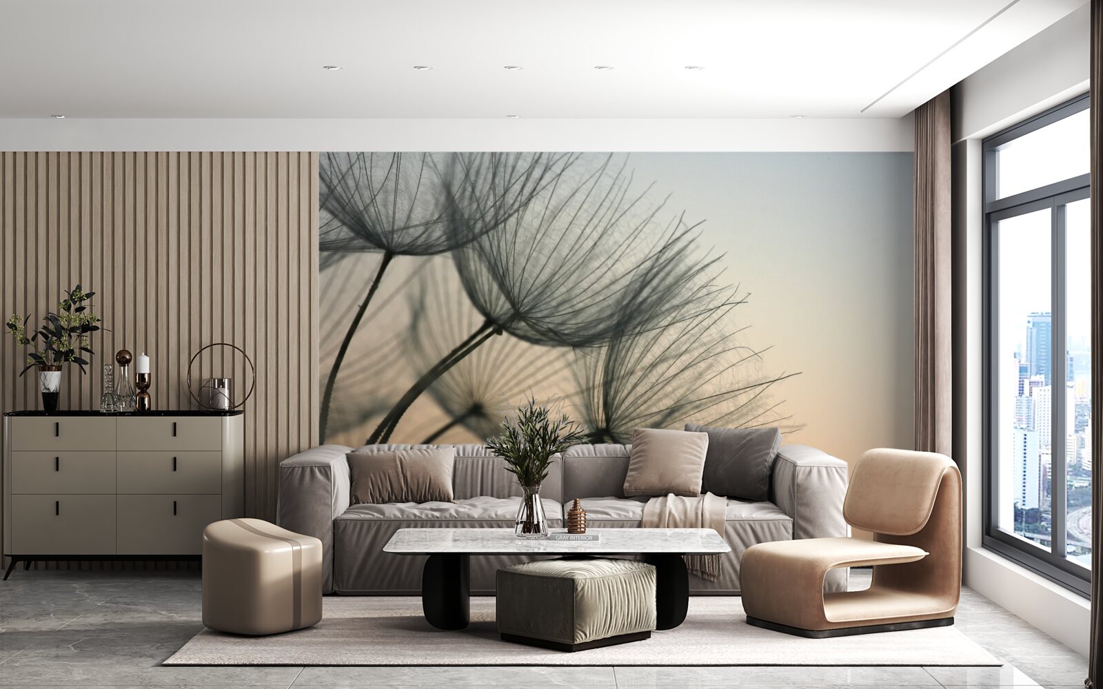 Fotobehang zonsondergang boven paardenbloemen