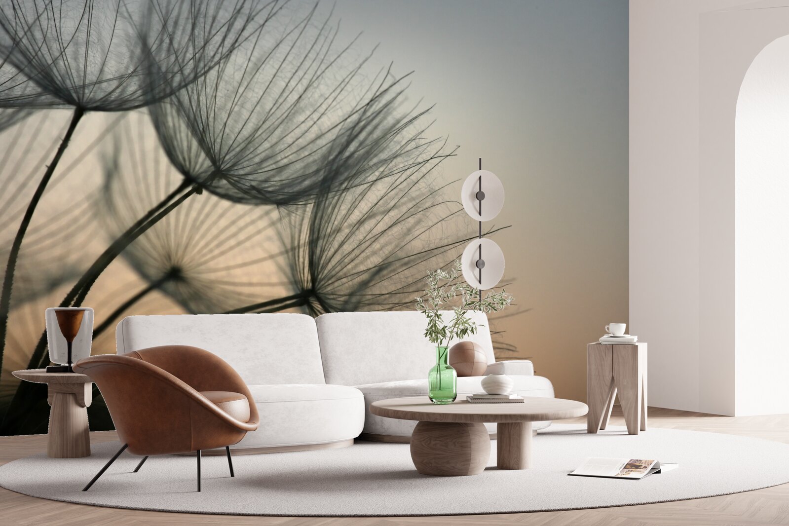 Fotobehang zonsondergang boven paardenbloemen