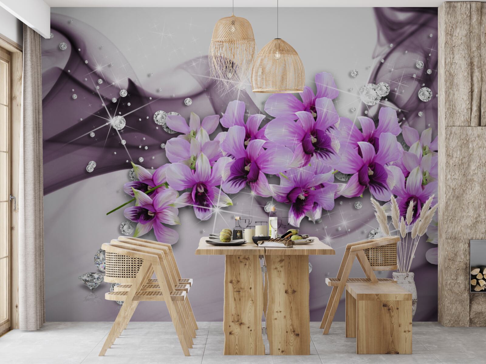 Fotobehang zirkonia's en paarse bloemen