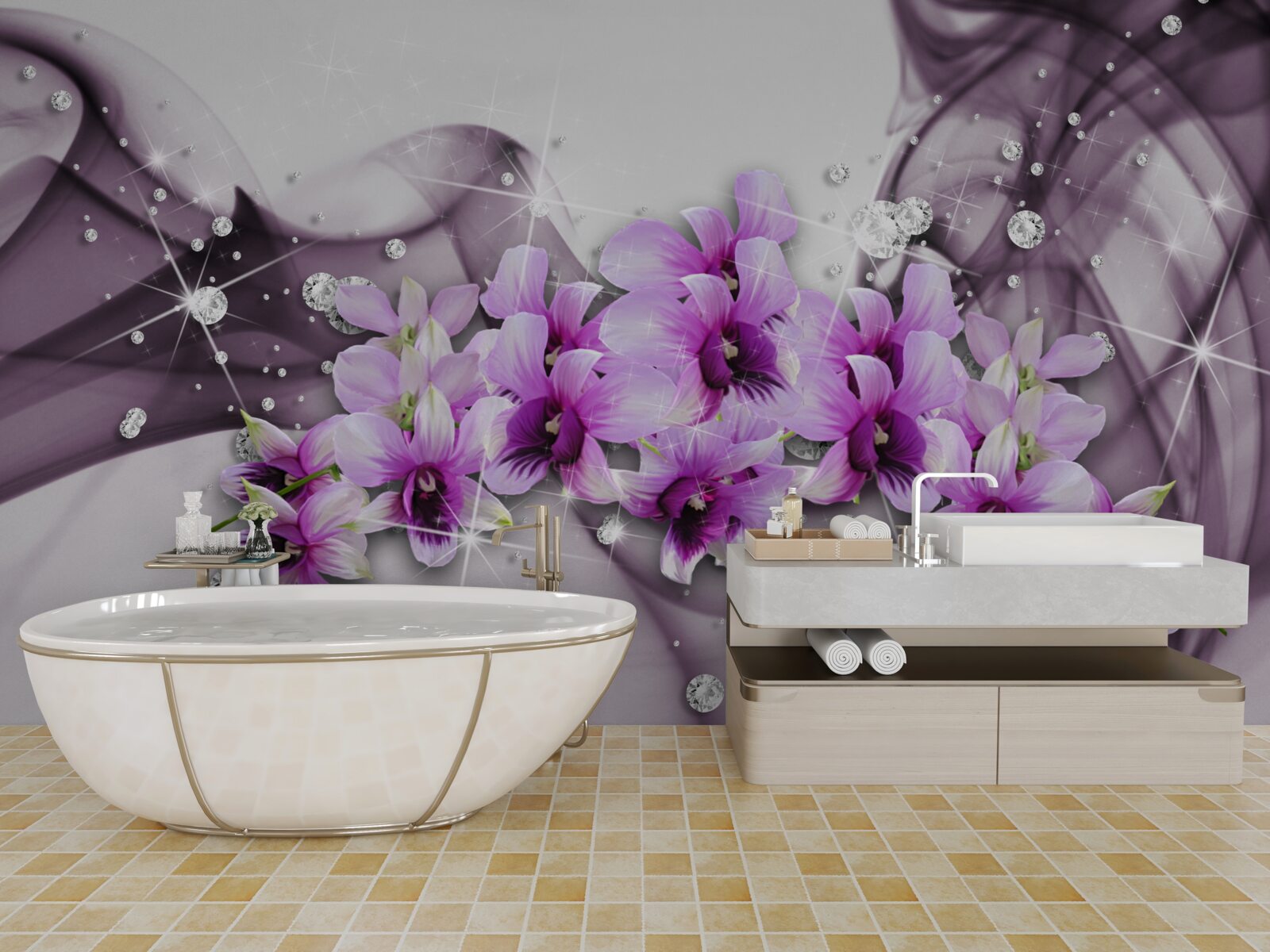 Fotobehang zirkonia's en paarse bloemen