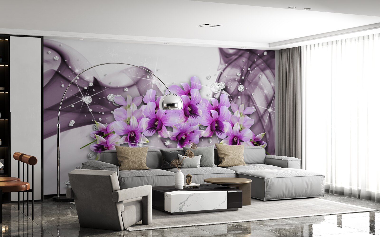 Fotobehang zirkonia's en paarse bloemen