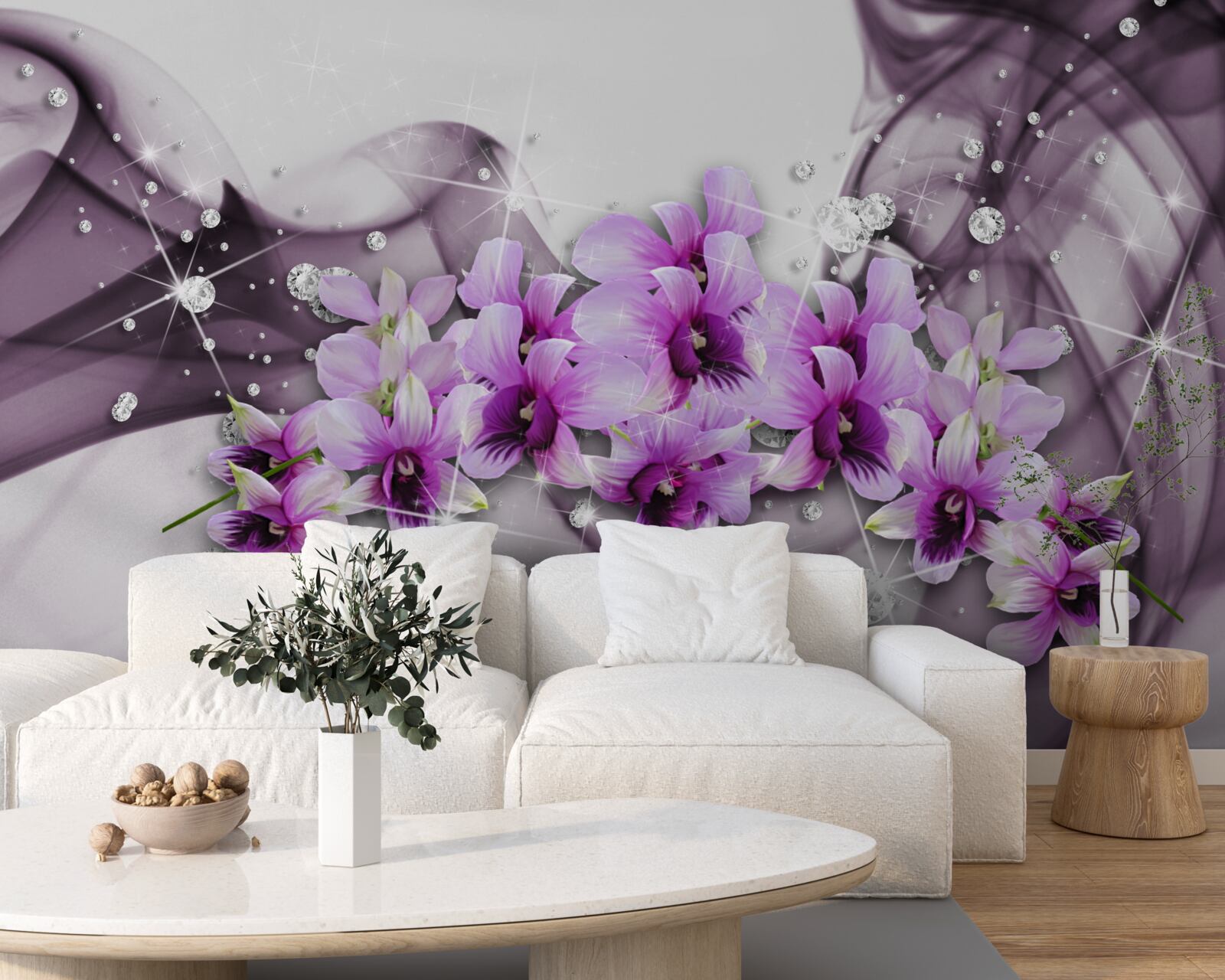 Fotobehang zirkonia's en paarse bloemen