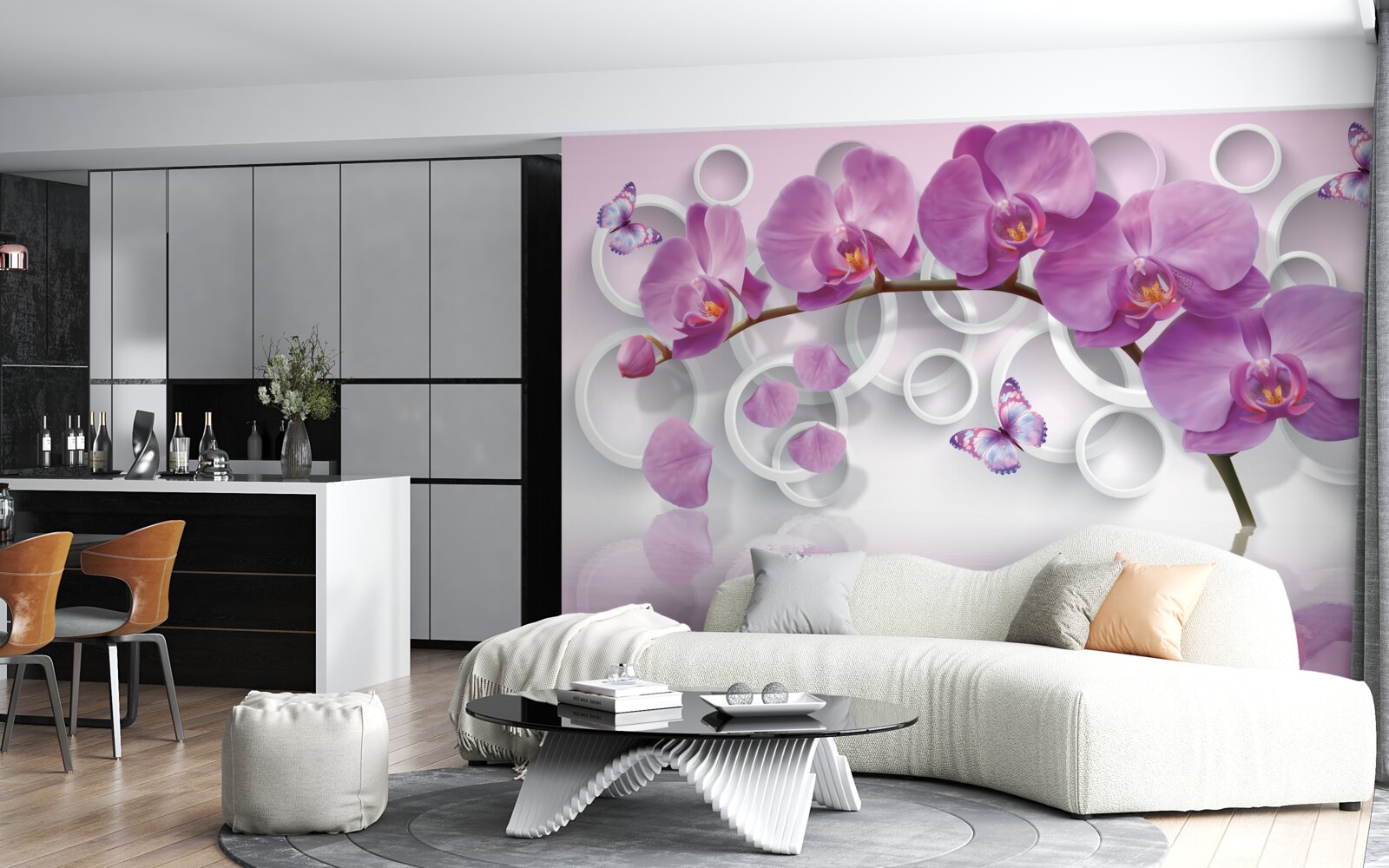 Fotobehang violette orchideeën op een lichte achtergrond