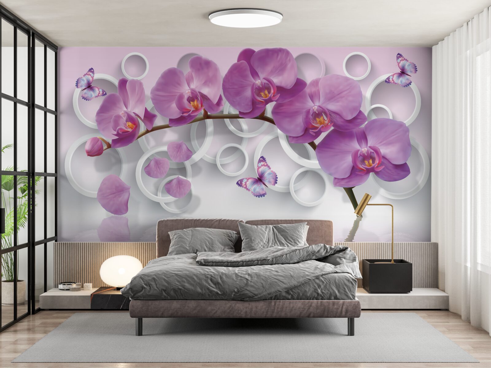 Fotobehang violette orchideeën op een lichte achtergrond