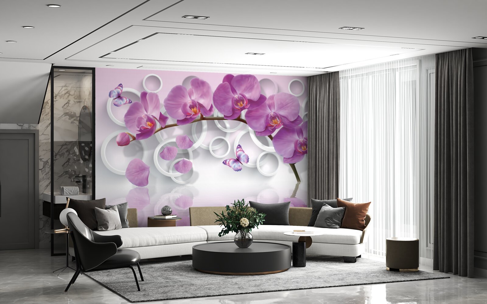 Fotobehang violette orchideeën op een lichte achtergrond