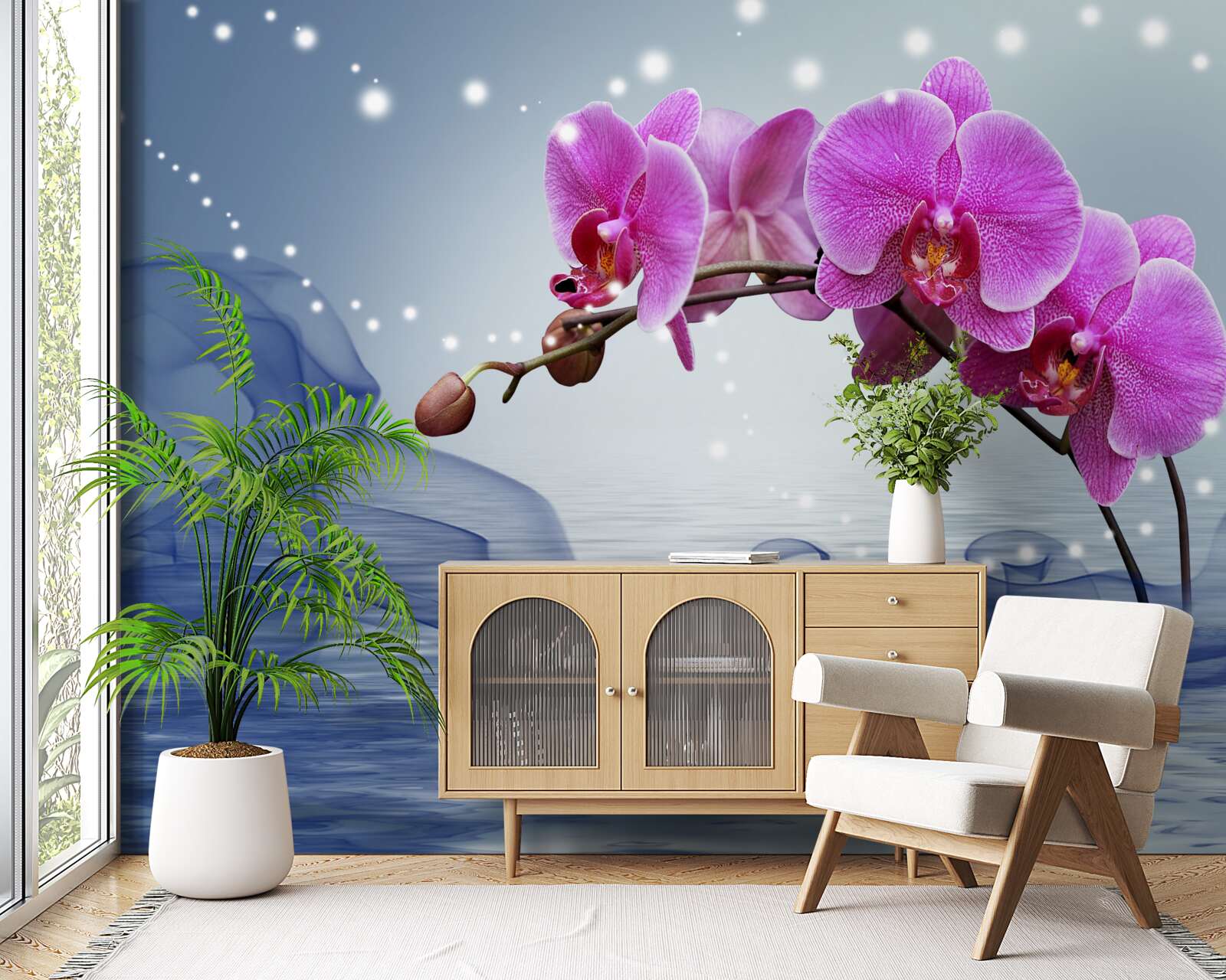 Fotobehang Stengel van een prachtige lilakleurige orchidee