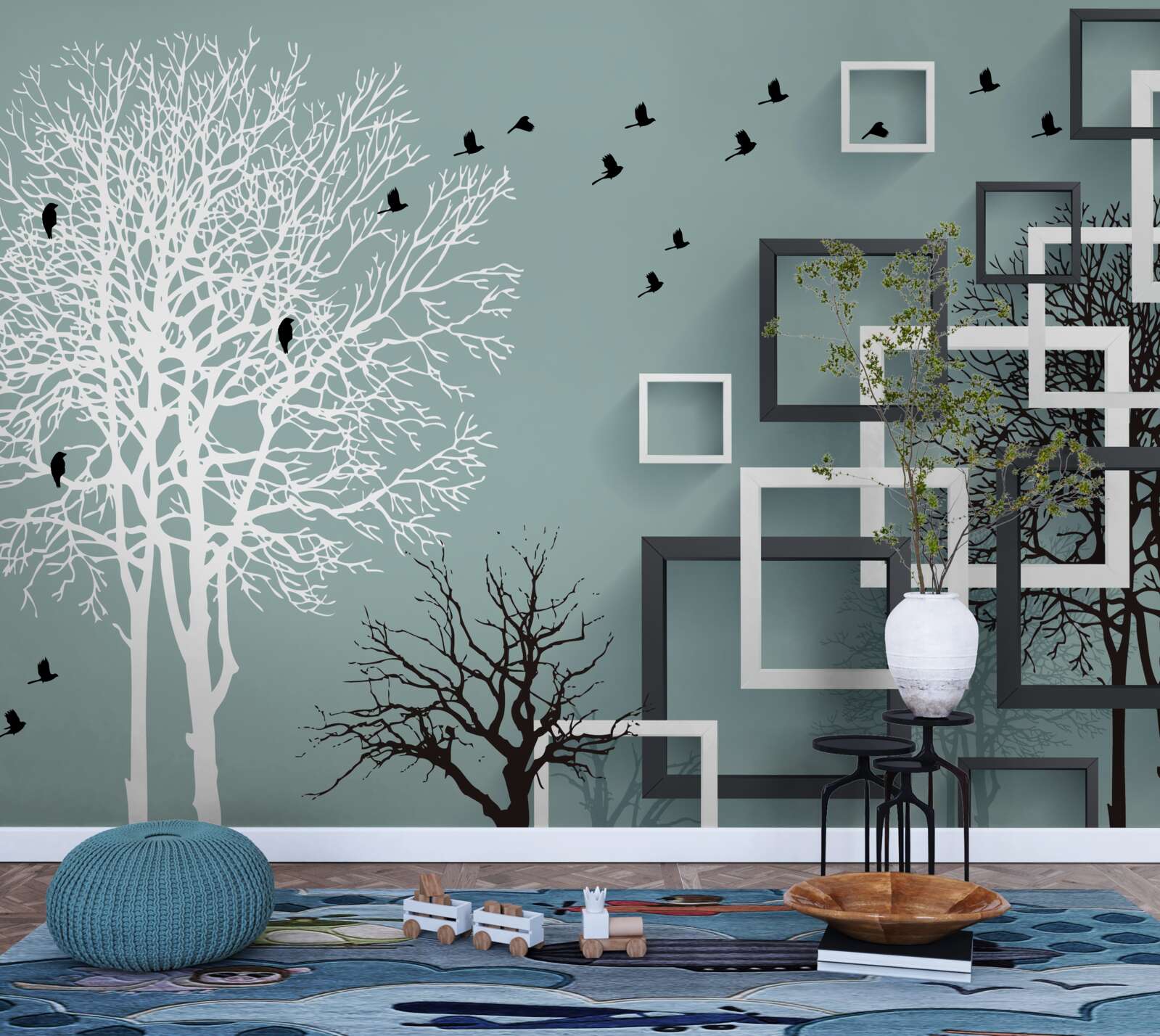 Fotobehang bomen die in de winter zijn omgevallen en vogels die zijn weggevlogen naar warmere klimaten