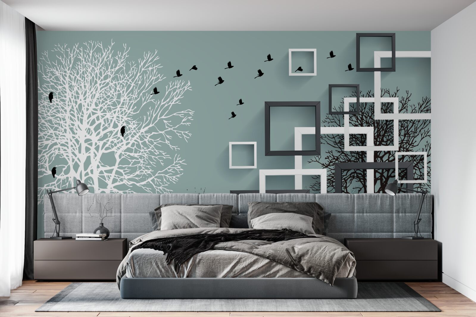 Fotobehang bomen die in de winter zijn omgevallen en vogels die zijn weggevlogen naar warmere klimaten