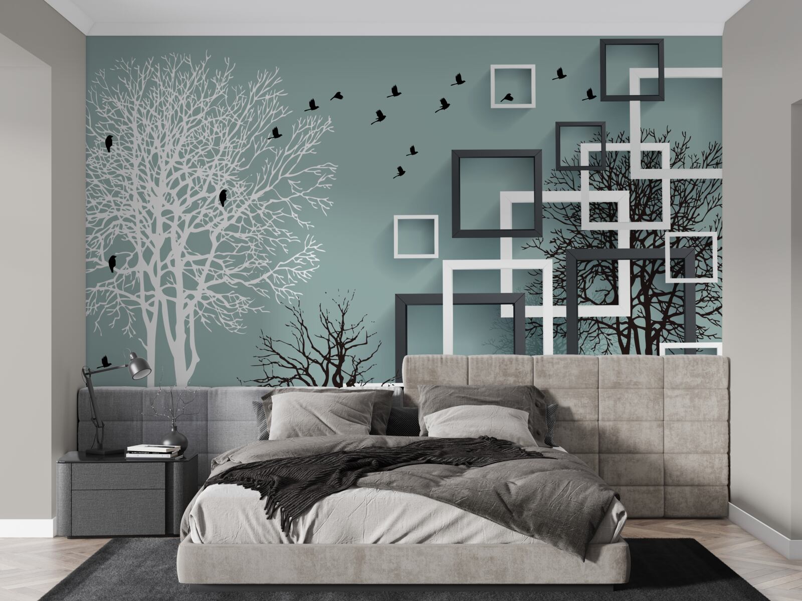 Fotobehang bomen die in de winter zijn omgevallen en vogels die zijn weggevlogen naar warmere klimaten