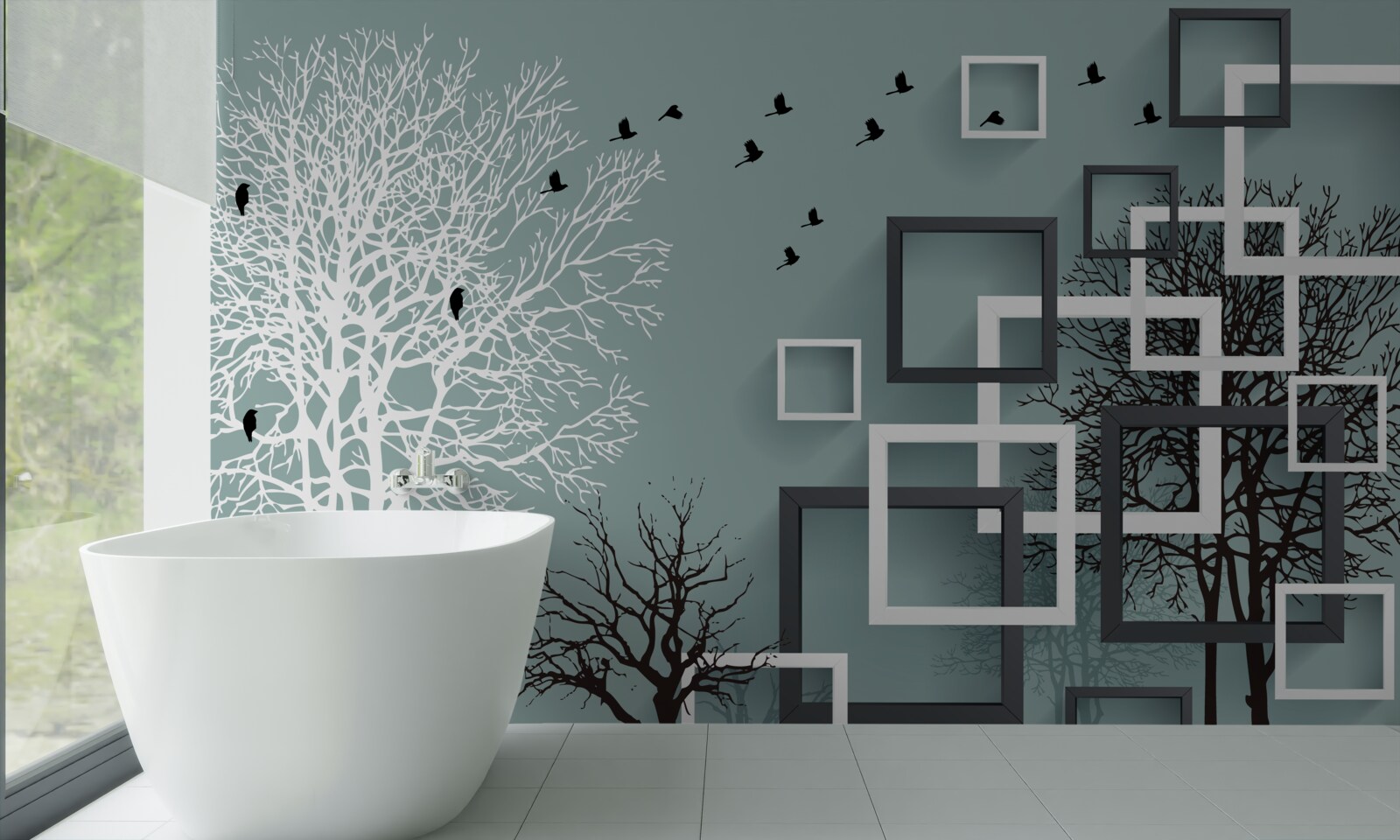 Fotobehang bomen die in de winter zijn omgevallen en vogels die zijn weggevlogen naar warmere klimaten