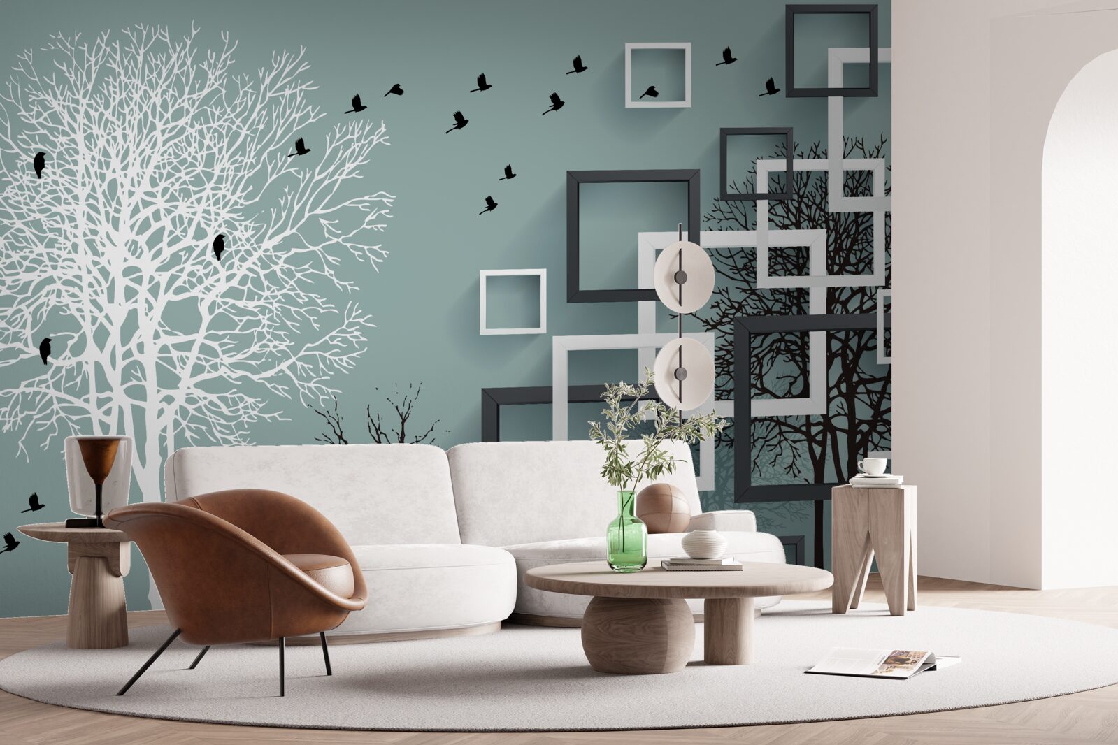 Fotobehang bomen die in de winter zijn omgevallen en vogels die zijn weggevlogen naar warmere klimaten