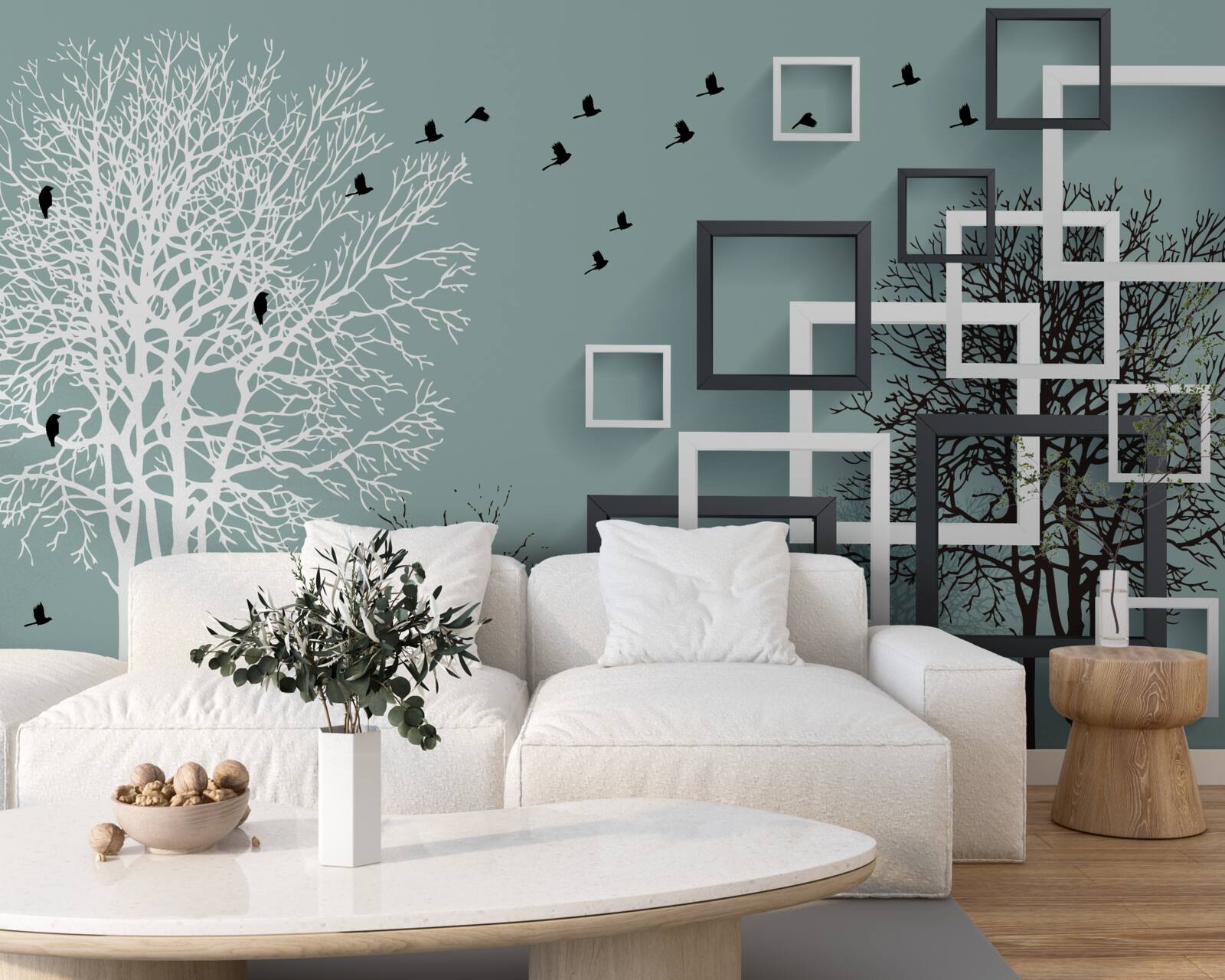 Fotobehang bomen die in de winter zijn omgevallen en vogels die zijn weggevlogen naar warmere klimaten