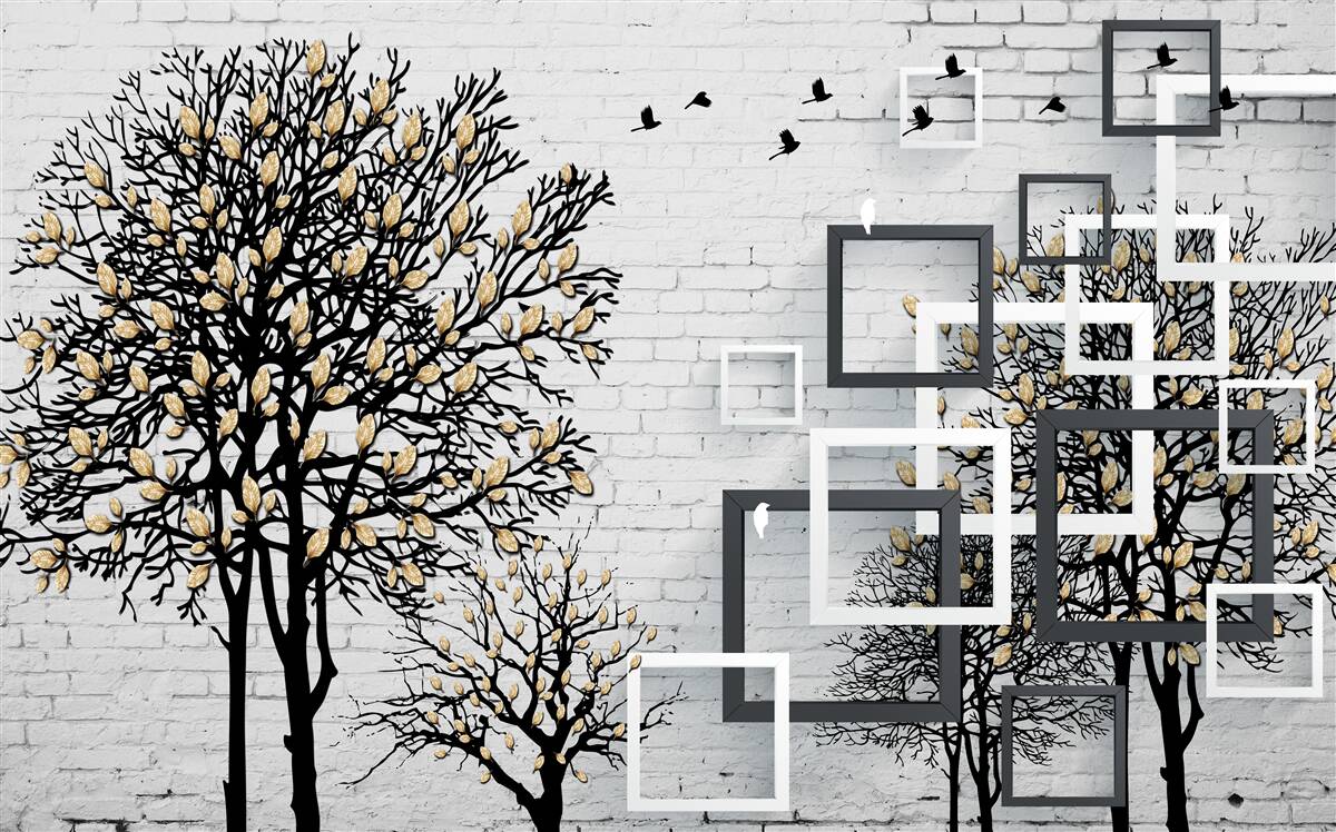 Fotobehang vogels vliegen weg van een boom die zijn bladeren heeft verloren